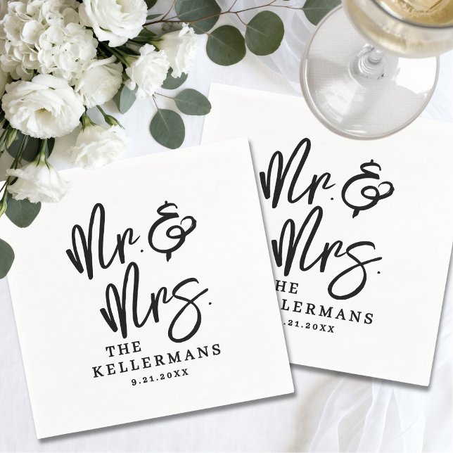 Simple Black White Script Wedding Napkins (Simple Black White Script Wedding Napkins)