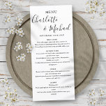 Simple Black White Signature Script Wedding Menu<br><div class="desc">Simple black and white elegant signature script wedding menu card featuring signature style names,  this modern menu card can be personalized with your details in chic black lettering. Designed by Thisisnotme©</div>