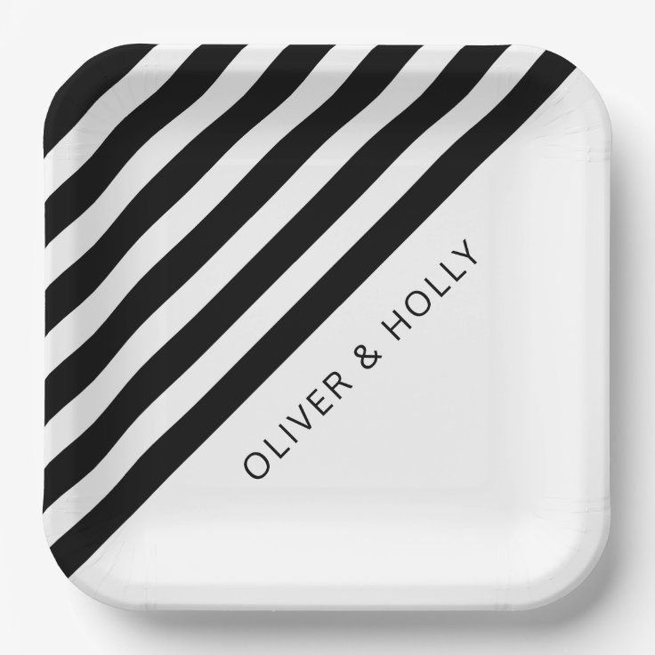 Simple Black & White Striped Square Wedding Paper Plates Zazzle