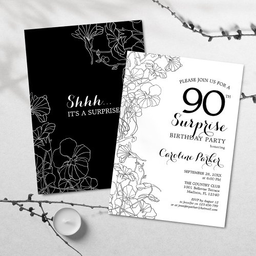 Simple Black White Surprise 90th Birthday Party Invitation