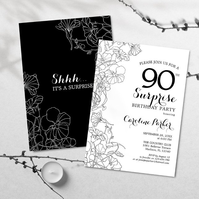 Simple Black White Surprise 90th Birthday Party Invitation (Creator Uploaded)