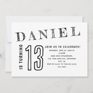 Simple Black White Teenager Teen Boy Birthday Invitation