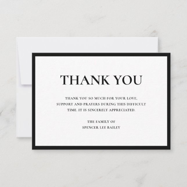 Simple Black White Traditional Sympathy Funeral Thank You Card (Front)