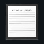 Simple Black White Typographic Name Lined Notepad<br><div class="desc">A professional lined notepad with a minimalist design in a black and white color palette. Custom monogram initial and name on a simple white background,  framed by a black border. Personalize using the fields provided or use the 'message' button to contact the designer for help.</div>