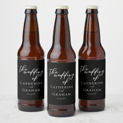 Simple Black White Typography Chic Winter Wedding Beer Bottle Label