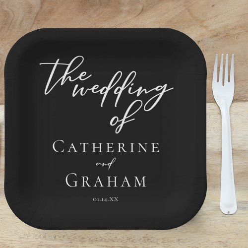 Simple Black White Typography Chic Winter Wedding Paper Plates