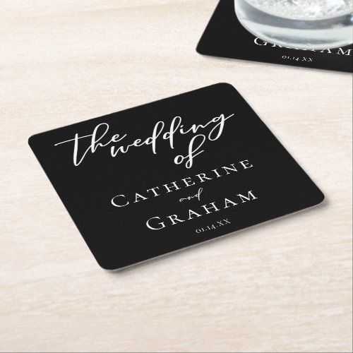 Simple Black White Typography Chic Winter Wedding Square Paper Coaster