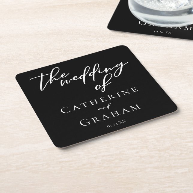 Simple Black White Typography Chic Winter Wedding Square Paper Coaster (Angled)