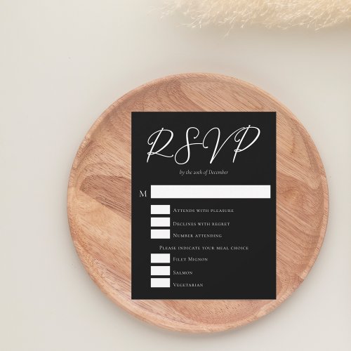 Simple Black White Typography Meal Choice Wedding RSVP Card