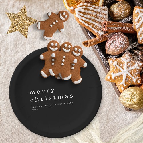 Simple Black White Typography Merry Christmas Paper Plates