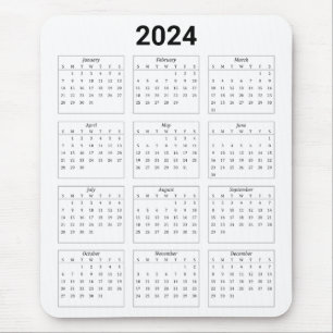 Simple Black & White US 2024 Yearly Calendar Mouse Pad