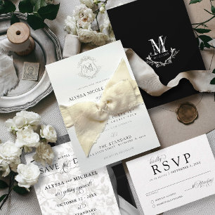 Simple Black & White Vintage Crest Elegant Wedding Invitation