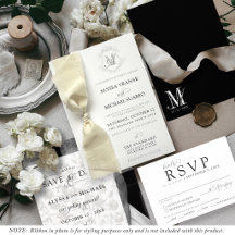 Simple Black & White Vintage Crest Ribbon Wedding