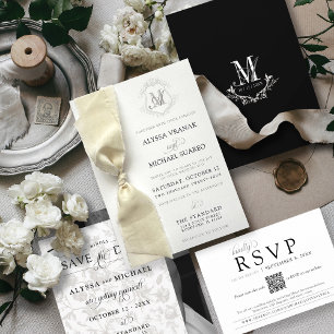 Simple Black & White Vintage Crest Ribbon Wedding Invitation