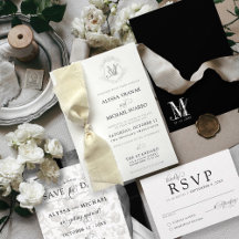 Simple Black & White Vintage Crest Ribbon Wedding