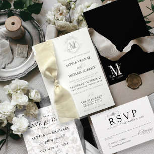 Simple Black & White Vintage Crest Ribbon Wedding Invitation