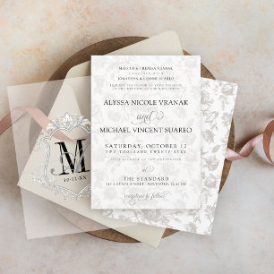 Simple Black White Vintage Floral Elegant Wedding Invitation