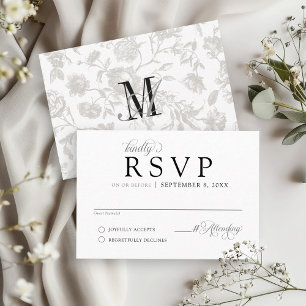 Simple Black & White Vintage Floral Formal Wedding RSVP Card