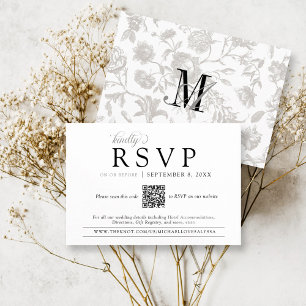 Simple Black White Vintage Floral Wedding QR RSVP Enclosure Card