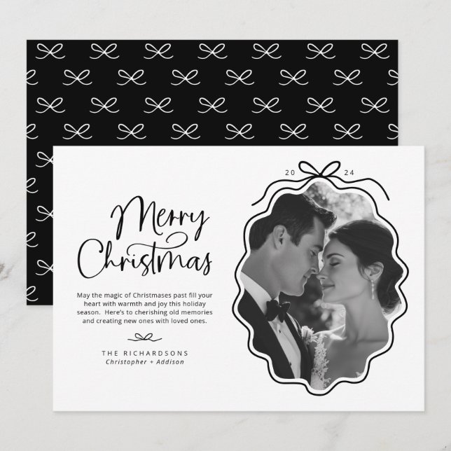 Simple Black White Wavy Retro Photo Holiday Card (Front/Back)