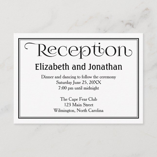 Simple Black & White Wedding Reception Card (Front)