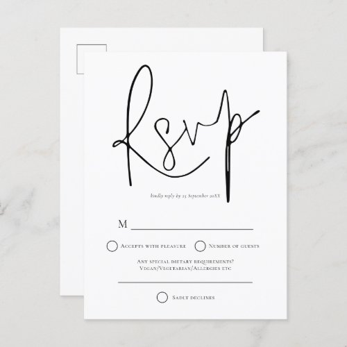 Simple Black White Wedding RSVP Invitation Postcard