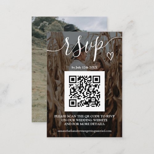 Simple black white wedding rsvp Qr code 2 photos Enclosure Card