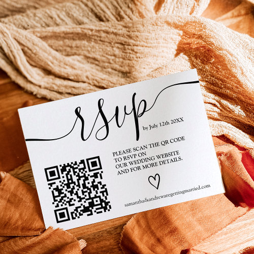 Simple black white wedding rsvp Qr code photo Enclosure Card