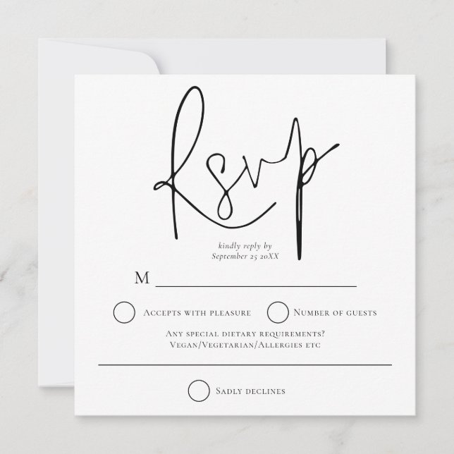 Simple Black White Wedding Square RSVP Note Card (Front)