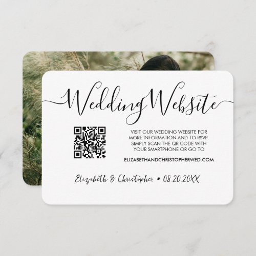 Simple black white wedding website QR code photo Enclosure Card