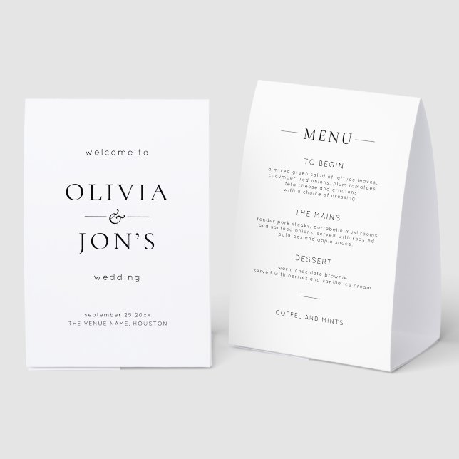 Simple Black White Wedding Welcome & Menu Paper Table Tent (Front/Back)
