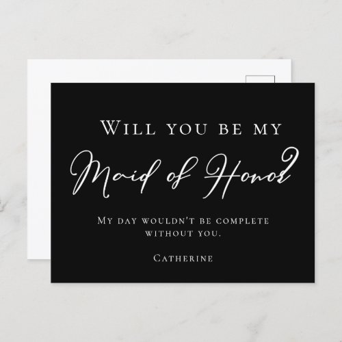 Simple Black White Will You Be My Maid of Honor Postcard