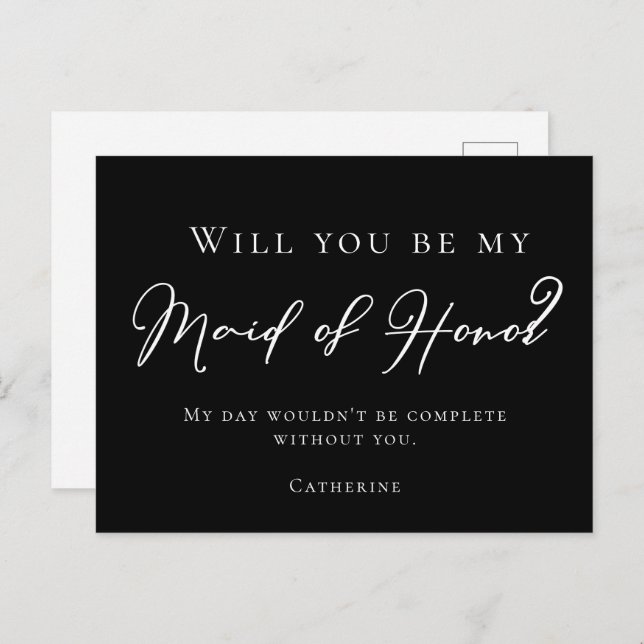 Simple Black White Will You Be My Maid of Honor Postcard (Front/Back)