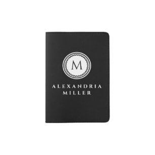 Simple Black & White with Gray Monogram Medallion Passport Holder