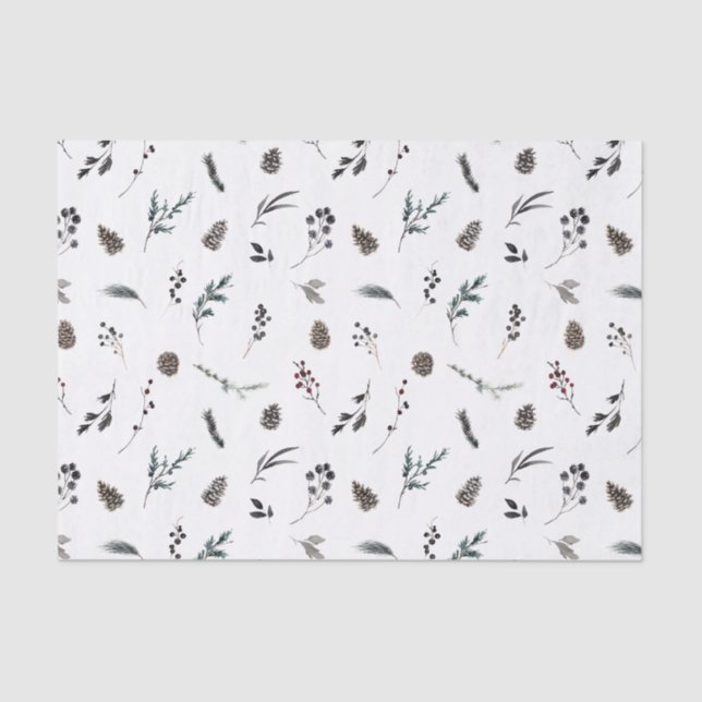 Simple Black Winter Pinecone Watercolor Christmas Tissue Paper (Front)