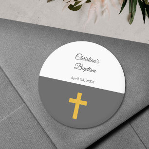 Simple, Black with a Gold Cross Baptism Classic Round Sticker