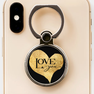 Simple Black with Gold Heart LOVE You Valentines Phone Ring Stand