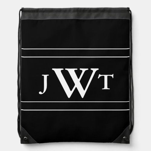 Simple Black with White Monogram Template Drawstring Bag