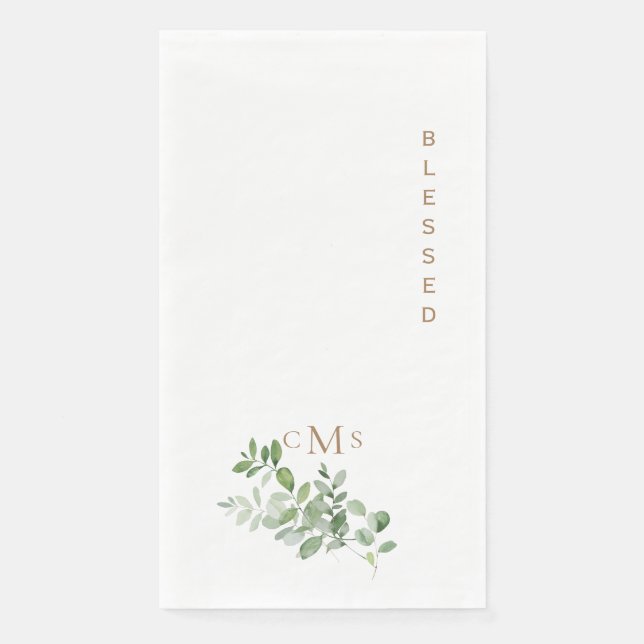 Simple Blessed Gold Monogram Foliage  Paper Guest Towels (Front)