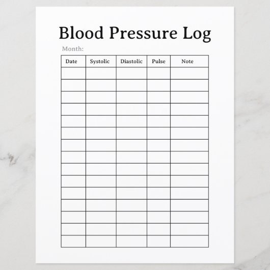 Simple Blood Pressure Log Sheet (Front)