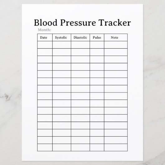 Simple Blood Pressure Tracker Sheet (Front)