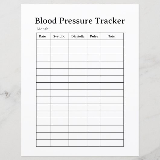 Simple Blood Pressure Tracker Sheet (Front)
