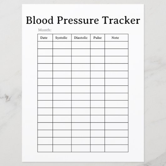 Simple Blood Pressure Tracker Sheet (Front)