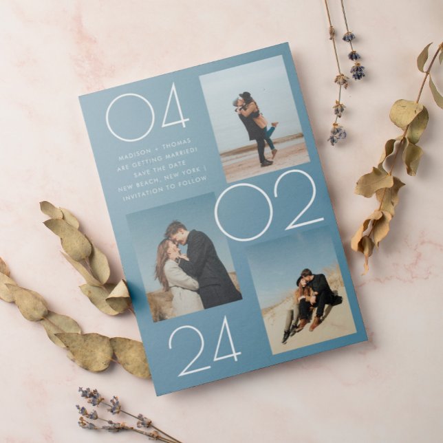 Simple Blue 3 Photo Wedding Save The Date Magnetic Invitation (Creator Uploaded)