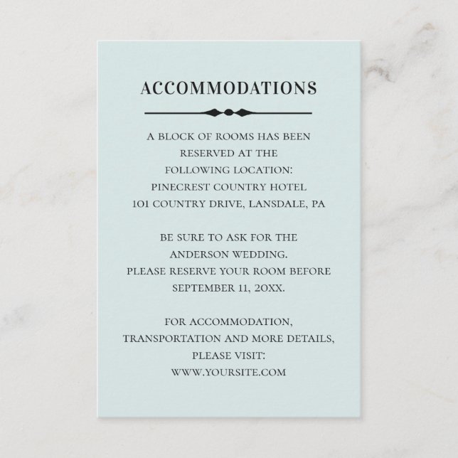 Simple blue accommodations. Formal wedding details Enclosure Card (Front)