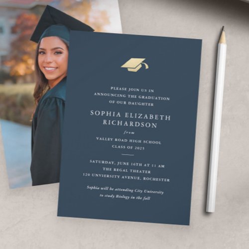 Simple Blue and Gold Photo Graduation Announcement