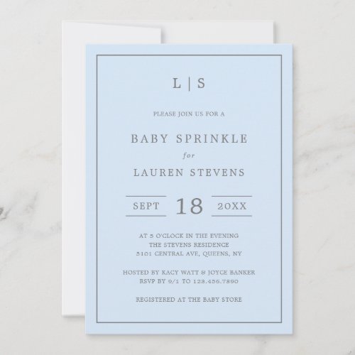 Simple Blue and Gray Monogram Boy Baby Sprinkle Invitation