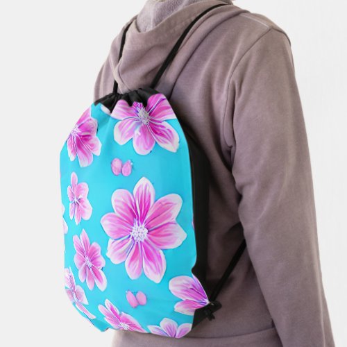 Simple Blue and Pink Flower Pattern   Drawstring Bag