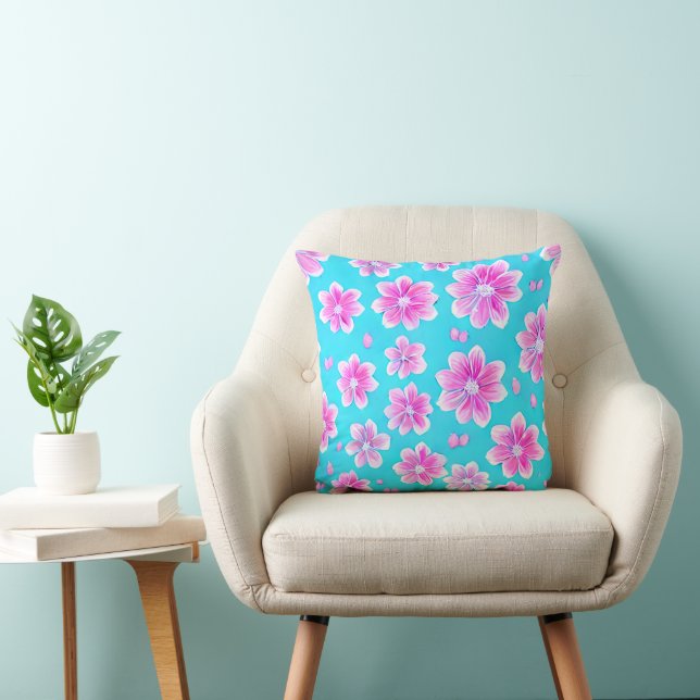 Simple Blue and Pink Flower Pattern Throw Pillow (Chair)
