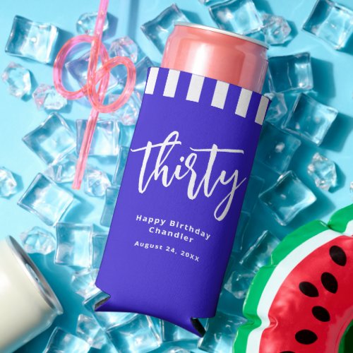 Simple Blue and White 30th Birthday Party Seltzer Can Cooler